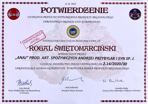 Certyfikat autentyczności Rogali świętomarcińskich dla firmy ANAJ z Puszczykowa